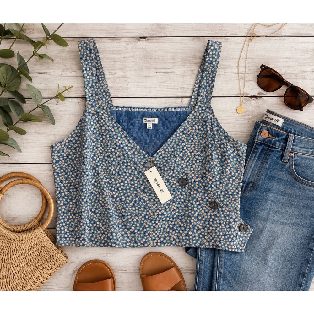 Madewell NWT AC267 Blue Floral Cropped Cami Tank Top Size 16 Smocked Back